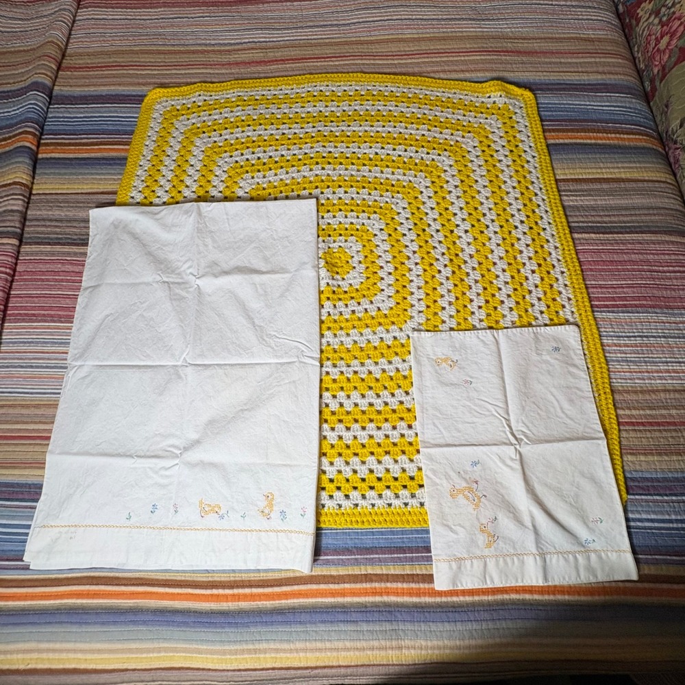 Vintage Handmade Crochet Baby Blanket & Embroidered Duckling Linens Set Yellow